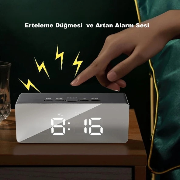 HyMark Dijital Çalar Saat Usb/Pil Aynalı LED Termometre Alarm Gece Modlu Eletronik Saat - Resim 2