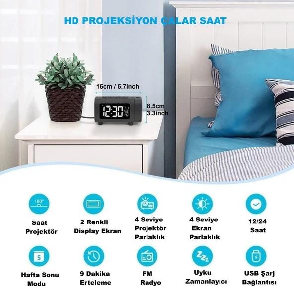 HyMark Mavi Projeksiyonlu Çalar Saat FM Radyo Dijital Saat USB Şarj Sıcaklık 4 Seviye Parlaklık - Resim 2
