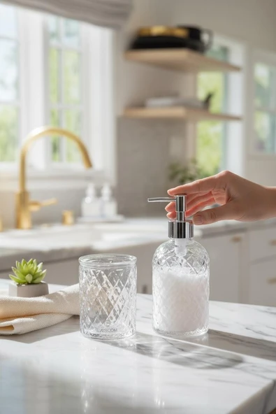 Banyo seti takımı cam sıvı sabunluk - diş fırçalık 2 li set - Resim 3