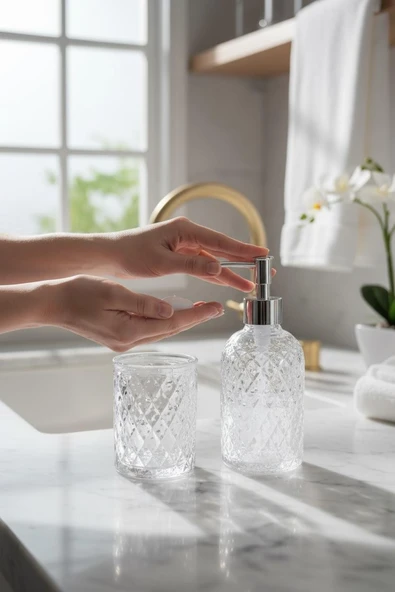 Banyo seti takımı cam sıvı sabunluk - diş fırçalık 2 li set ürün görseli 1