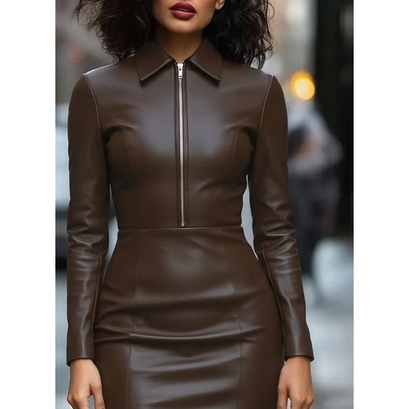 Lucky Life Kadın Uzun Kollu Yakalı Fermuarlı Mini Deri Elbise ürün görseli 1
