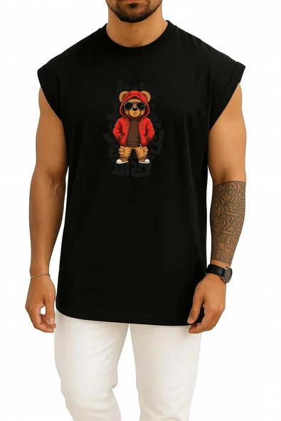 Oversize Şapkalı Graffiti Teddy Bear Göğüs Baskılı Atlet - Resim 9