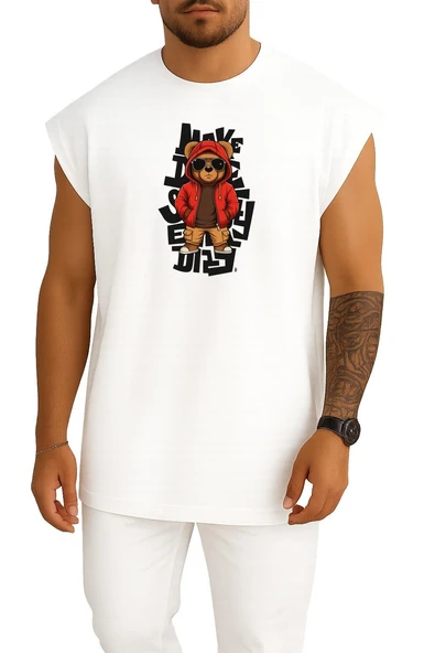 Oversize Şapkalı Graffiti Teddy Bear Göğüs Baskılı Atlet - Resim 7