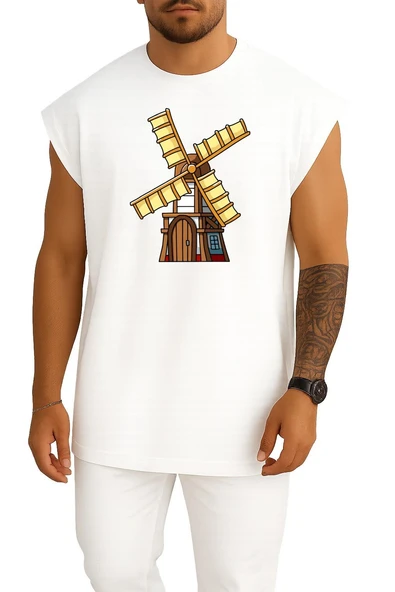 Oversize Kahverengi Ve Sarı Yel Değirmeni Göğüs Baskılı Atlet ürün görseli