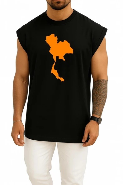 Oversize Tayland Haritası Göğüs Baskılı Atlet - Resim 9