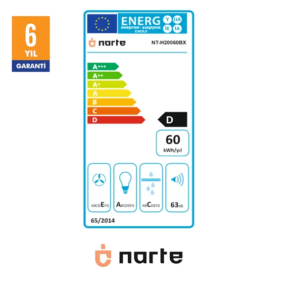 NARTE -H20060BX 60 CM Siyah  Cam Inox Çıtalı Eğimli Davlumbaz - 6 YIL GARANTİLİ - Resim 4