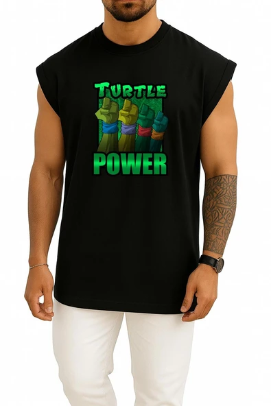 Oversize Ninja Kaplumbağalar Kaplumbağa Gücü Göğüs Baskılı Atlet - Resim 9