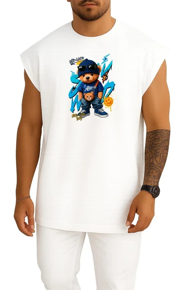 Oversize Teddy Bear Just Cool Boy Göğüs Baskılı Atlet - Resim 5