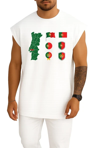 Oversize Portekiz Haritası Ve Bayrağı Göğüs Baskılı Atlet - Resim 5
