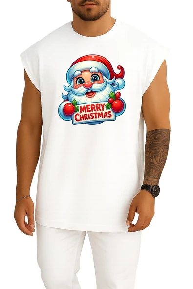 Oversize Merry Christmas Yılbaşı Göğüs Baskılı Atlet ürün görseli 1