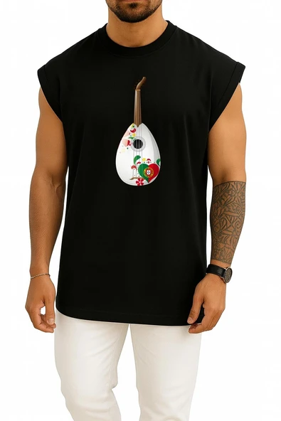 Oversize Portekiz Ukulele Gitar Göğüs Baskılı Atlet - Resim 11