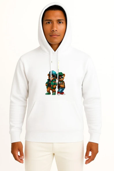 Kapüşonlu Teddy Bear Gözlüklü 2 Ayı Göğüs Baskılı Unisex Sweatshirt ürün görseli