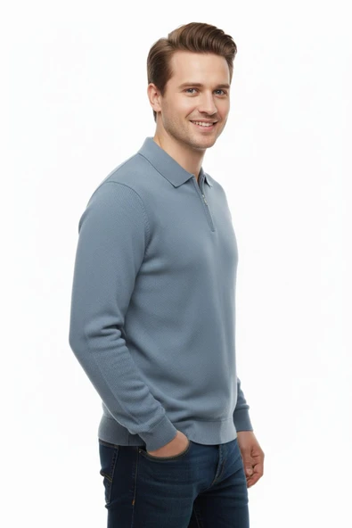 Erkek Polo Yaka Fermuarlı Triko Kazak Regular Fit  7001 BGL-ST04921 - Resim 6