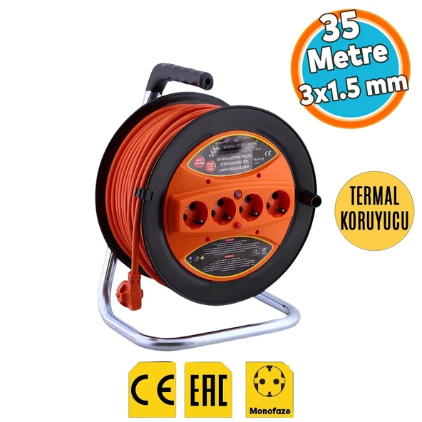 Uzatma Kablosu Makaralı CCA 3x1.5 mm 35 Metre Plastik Seyyar Makara Termal Sigortalı 4 Prizli Monofaze ürün görseli
