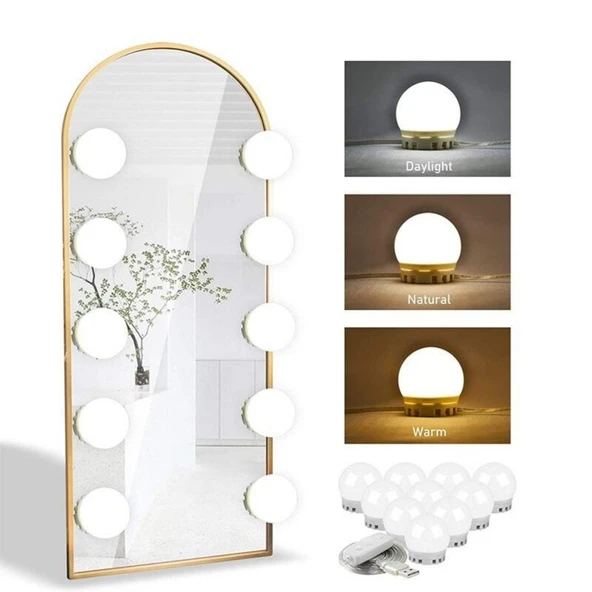Nostalji Hollywood Tarzı 10&apos;lu Makyaj Masası Aynası Beyaz Led Işıklı Lamba USB (5358) ürün görseli 1
