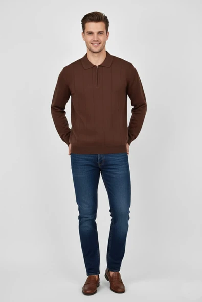 Erkek Polo Yaka Fermuarlı Triko Kazak Regular Fit  7019 BGL-ST04922 - Resim 4