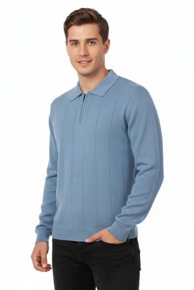 Erkek Polo Yaka Fermuarlı Triko Kazak Regular Fit  7019 BGL-ST04922 - Resim 7