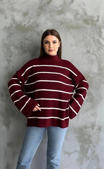 BİÇOMİ Çizgili ispanyol kol triko boğazlı kazak bordo elf ürün görseli
