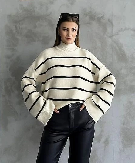 BİÇOMİ Çizgili ispanyol kol triko boğazlı kazak beyaz elf ürün görseli