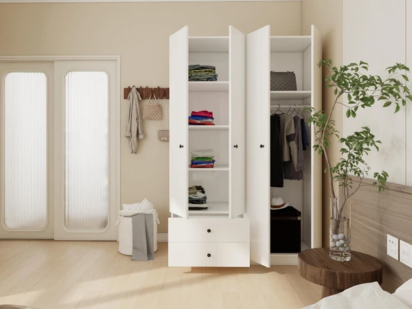 4 Kapaklı 2 Çekmeceli Gardırop Beyaz Renk - Resim 3