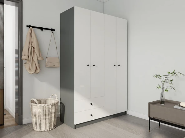 4 Kapaklı 2 Çekmeceli Gardırop Koyugri-Beyaz - Resim 2