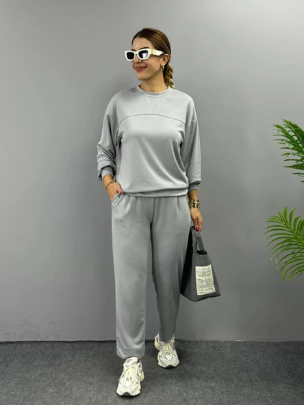 MDB Kadın Uzun Kollu Bisiklet Yaka Viskon Iki Iplik Bluz Ve Pantolon Ikili Takım ürün görseli 1