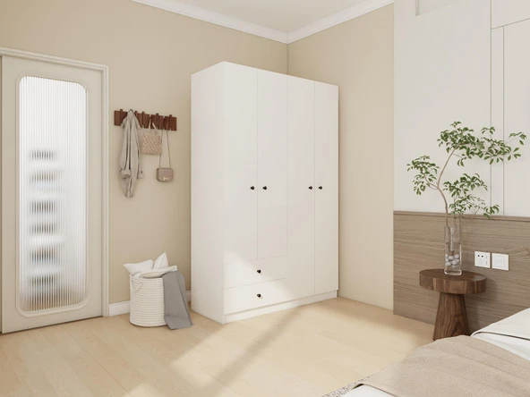 4 Kapaklı 2 Çekmeceli Gardırop Beyaz Renk - Resim 2