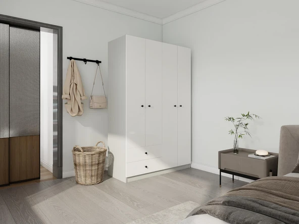 4 Kapaklı 2 Çekmeceli Gardırop Külgri-Beyaz - Resim 2