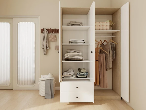 4 Kapaklı 2 Çekmeceli Gardırop Kotonvizon-Beyaz - Resim 3