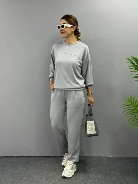 MDB Kadın Uzun Kollu Bisiklet Yaka Viskon Iki Iplik Bluz Ve Pantolon Ikili Takım - Resim 3