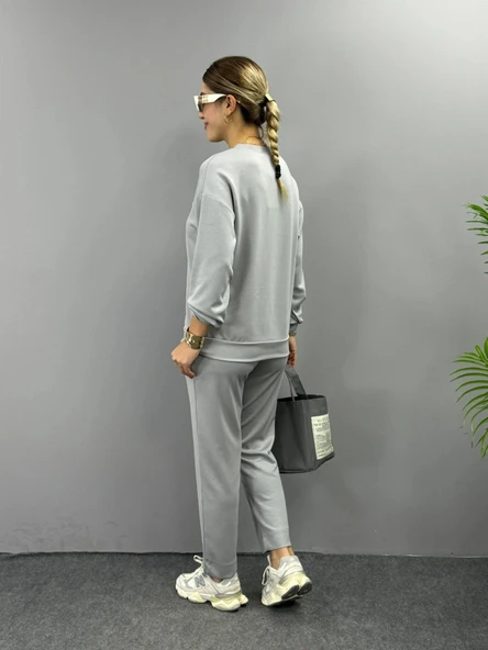 MDB Kadın Uzun Kollu Bisiklet Yaka Viskon Iki Iplik Bluz Ve Pantolon Ikili Takım - Resim 4