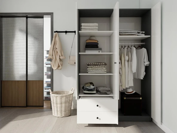 4 Kapaklı 2 Çekmeceli Gardırop Koyugri-Beyaz - Resim 3