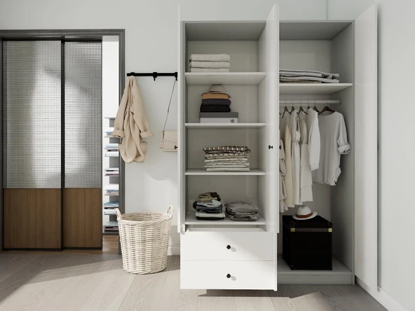 4 Kapaklı 2 Çekmeceli Gardırop Külgri-Beyaz - Resim 3