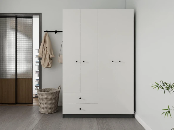 4 Kapaklı 2 Çekmeceli Gardırop Koyugri-Beyaz ürün görseli 1