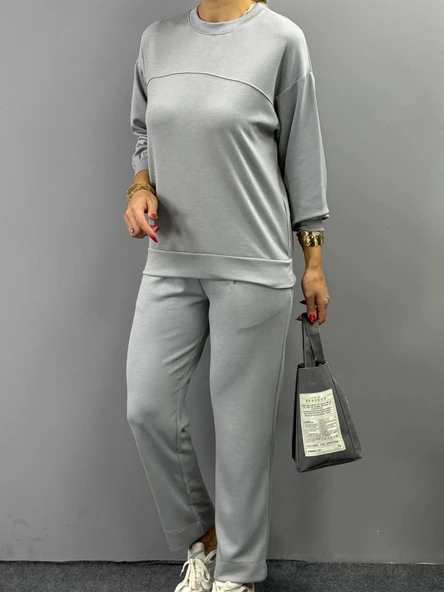 MDB Kadın Uzun Kollu Bisiklet Yaka Viskon Iki Iplik Bluz Ve Pantolon Ikili Takım - Resim 5