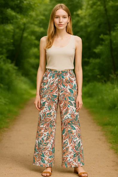 Kadın Viskon Pantolon - Beli Lastikli - Desenli ürün görseli