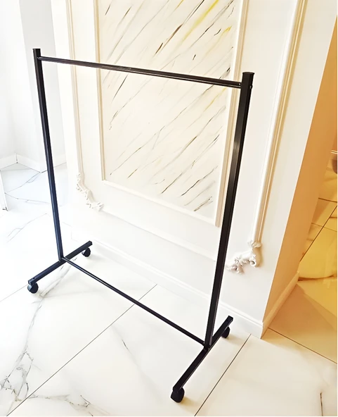 LUNA Paslanmaz Tekerlekli Siyah Metal Konfeksiyon Elbise Kıyafet Askısı, Mağaza Tipi Askılık ürün görseli 1