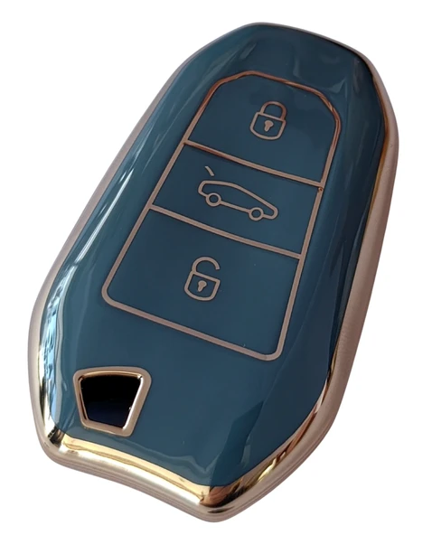 Proace Rifter Berlingo Combo DS Uyumlu Smart Kumanda Anahtar Kılıfı Oto Anahtarlık Turkuaz Gold - Resim 3