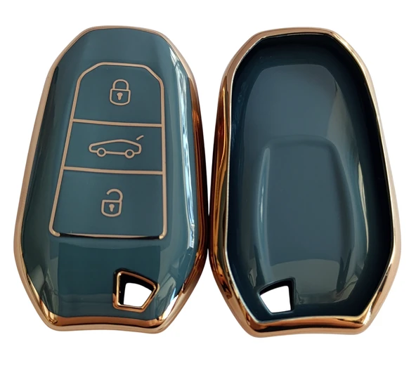 Proace Rifter Berlingo Combo DS Uyumlu Smart Kumanda Anahtar Kılıfı Oto Anahtarlık Turkuaz Gold - Resim 2