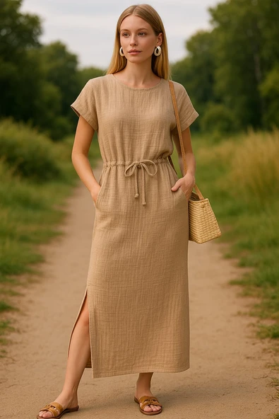 S-Mall Bürümcük Müslin Kadın Elbise- Bağlamalı - Cepli - Camel ürün görseli