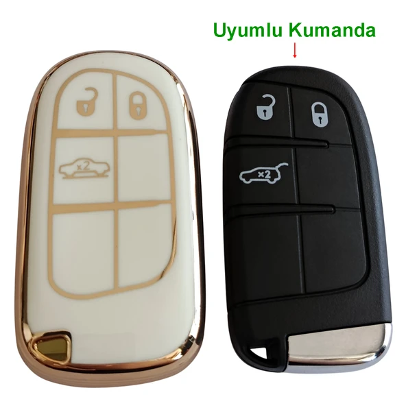 Egea Cross 500 Jeep Dodge Chrysler Uyumlu Smart Kumanda Anahtar Kılıfı Oto Anahtarlık Beyaz Gold - Resim 4