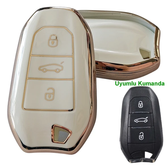 Proace Rifter Berlingo Combo DS Uyumlu Smart Kumanda Anahtar Kılıfı Oto Anahtarlık Beyaz Gold ürün görseli 1