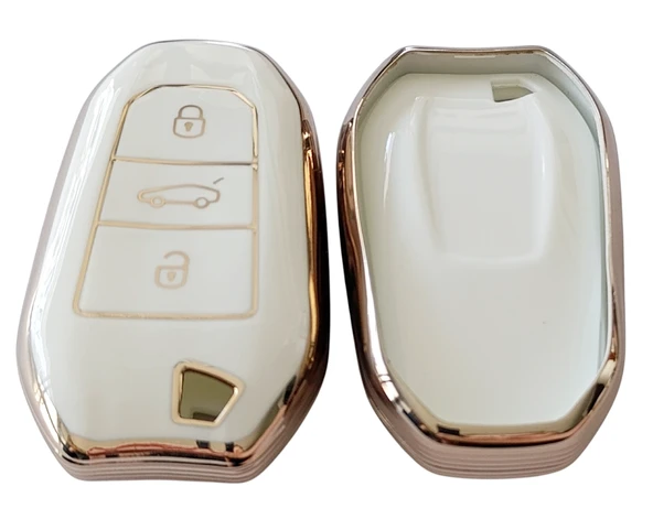 Proace Rifter Berlingo Combo DS Uyumlu Smart Kumanda Anahtar Kılıfı Oto Anahtarlık Beyaz Gold - Resim 2