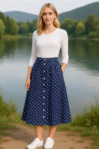 Kadın Viskon Pilli Etek - Lacivert ürün görseli