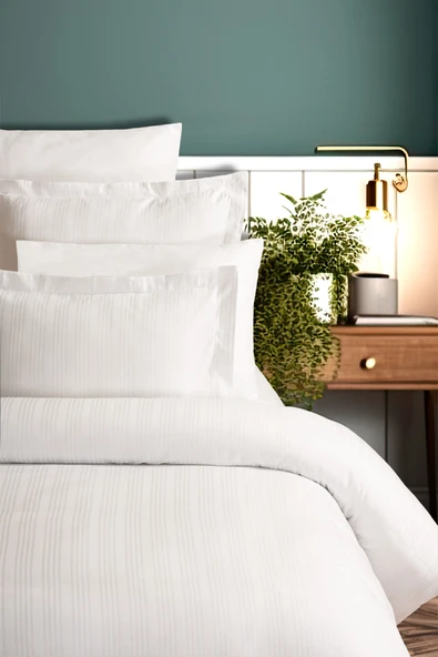 Pierre Cardin Çizgili Saten Nevresim Takımı Çift Kişilik Voyage Beyaz ürün görseli 1