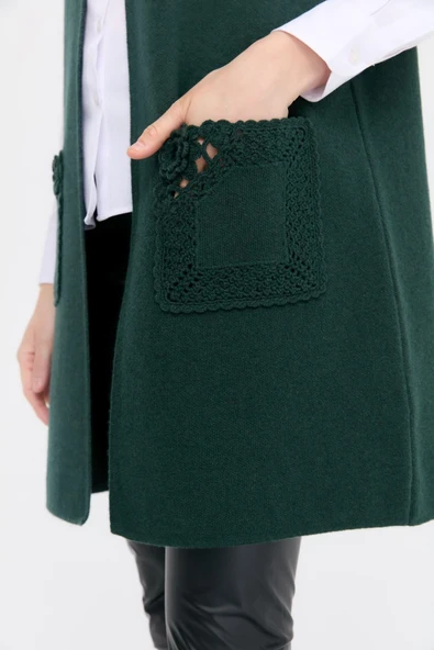 24016 DESEN TRİKO CEBİ GÜL TIĞLAMALI SIFIR YAKA ÖNÜ AÇIK UZUN YELEK - Resim 9