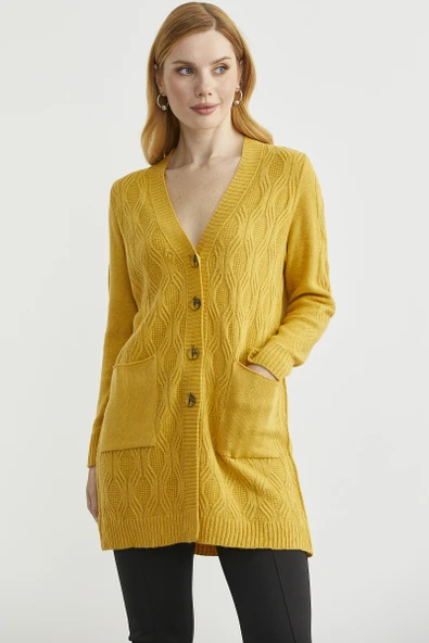 Cepli Uzun Yünlü Triko Hırka - Güneş - Resim 4