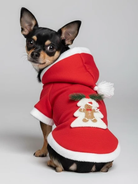 Yılbaşı Ağacı Kırmızı Polar Köpek Kıyafeti | Kapüşonlu Noel Köpek Sweatshirt | Küçük Irklar İçin ürün görseli 1
