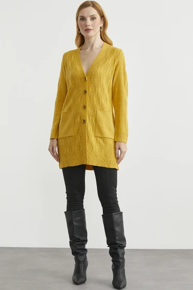 Cepli Uzun Yünlü Triko Hırka - Güneş ürün görseli