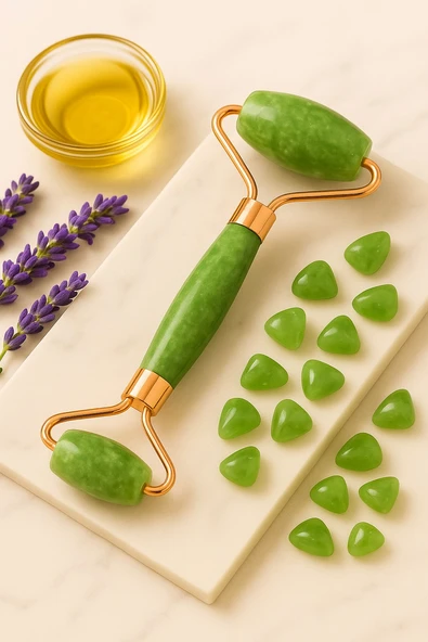 Yeşim Taşı Doğal Taş Yüz Roller –  Cilt Masaj Aleti | Lenf Drenajı, Sıkılaştırma ve Parlaklık Etkisi - Resim 3